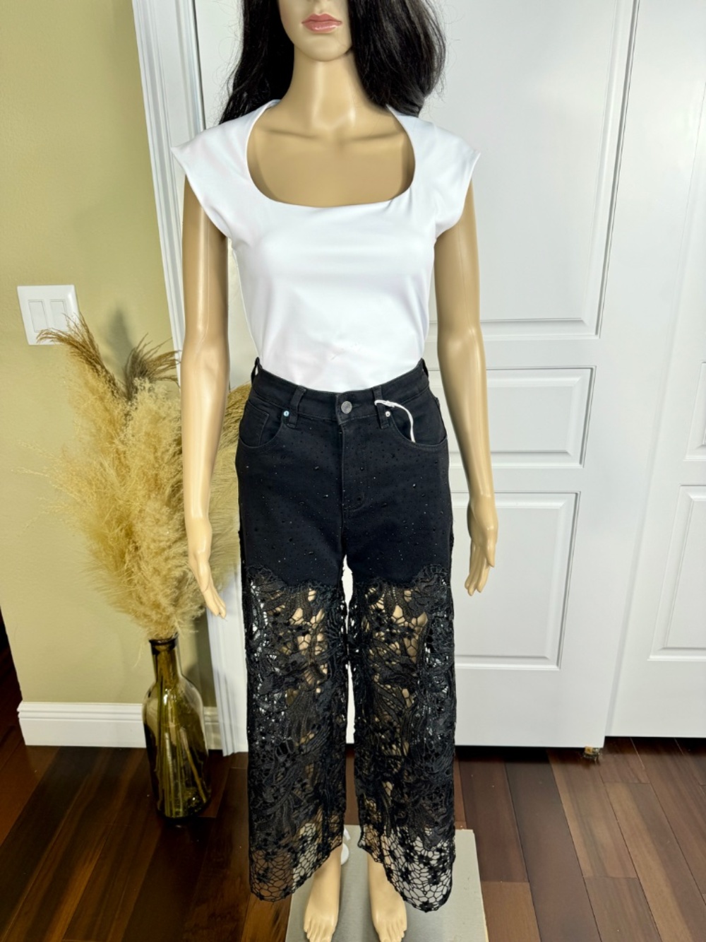 BLACK HIGH WAIST CRYSTAL EMBELLISHED CURVE HUGGING WIDE LEG LACE JEANS - Picture 3 of 12